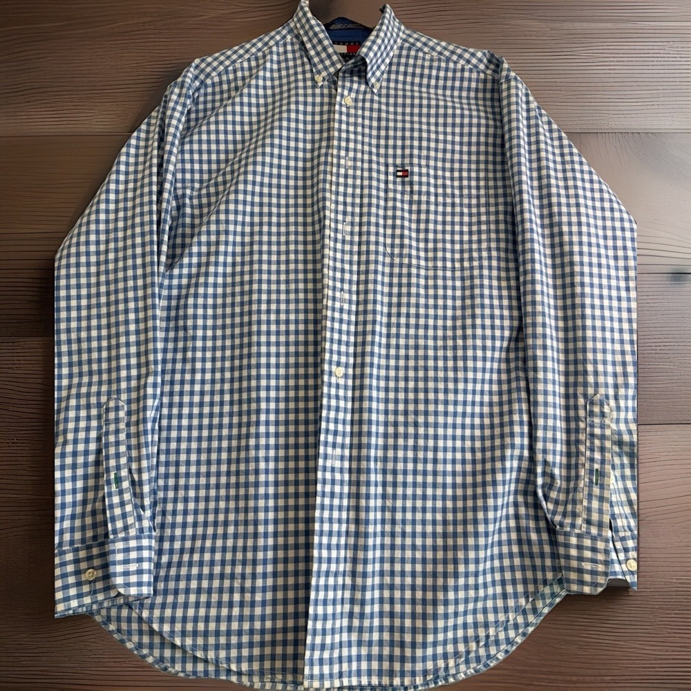 Tommy Hilfiger Men's Long Sleeve Shirt Button Down, White/Blue Plaid, Size M